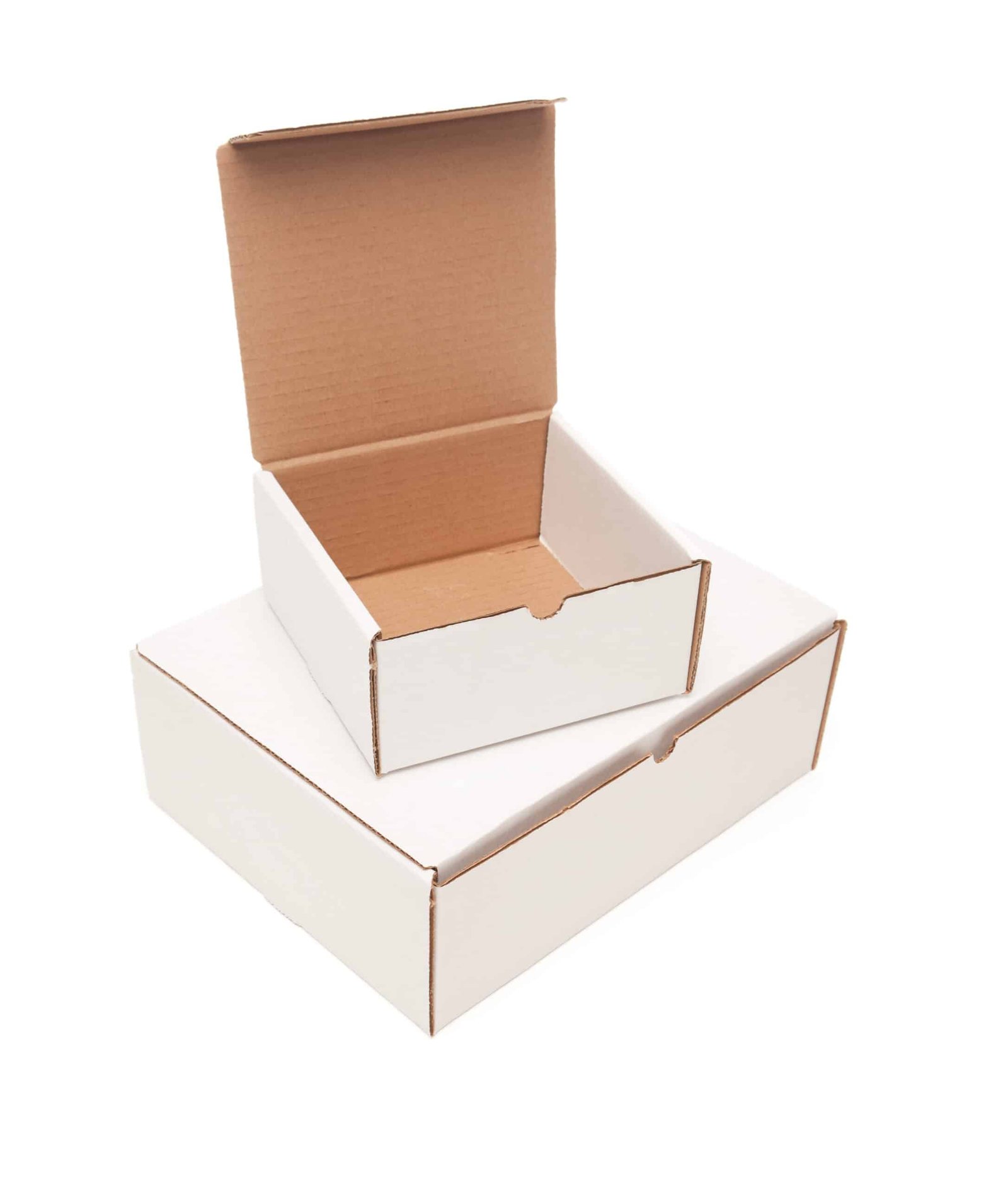 Two white custom product boxes, one open